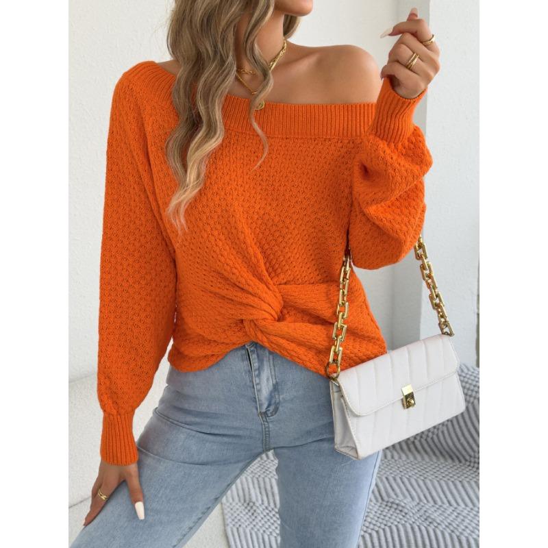 European American Casual Solid Color Off Shoulder Knot Long Sleeve Women Sweater