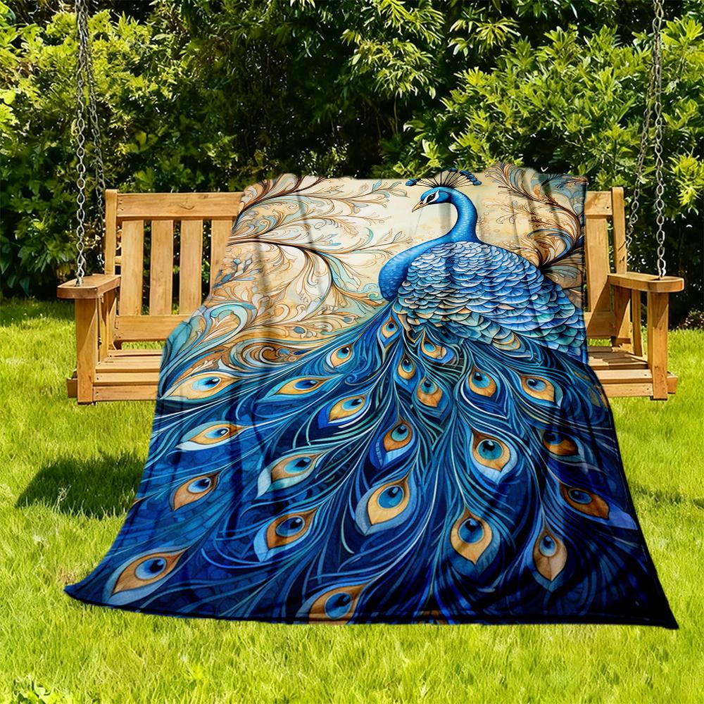 1pc Peacock Feathers Flannel Blanket, Comfortable and Warm Blanket, for Camping Sofa Bed and Couch Office026