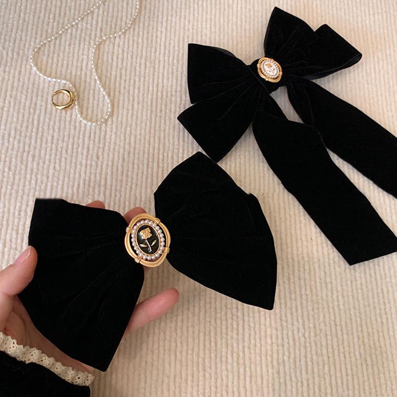 Black Velvet Rose Bow Hair Clip for Women's Elegant Ponytail Clip Fashion Hair Accessory