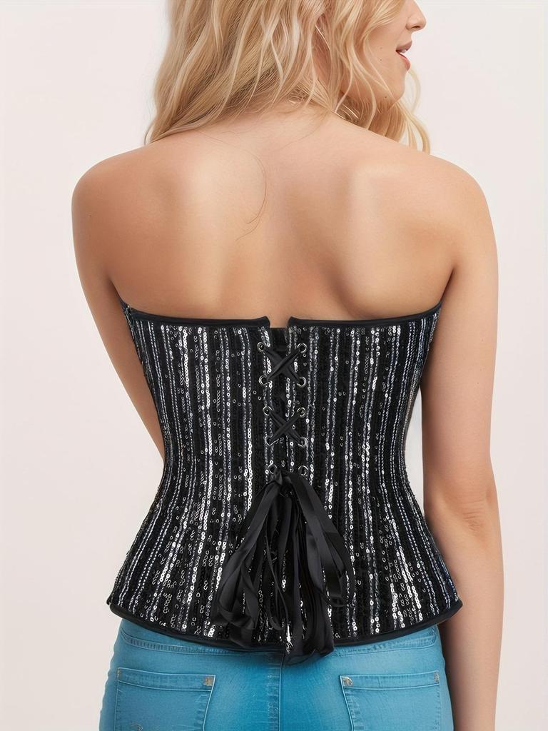 Silver Black Sequin Strapless Bodycon Corset Top with Bra Support for Women