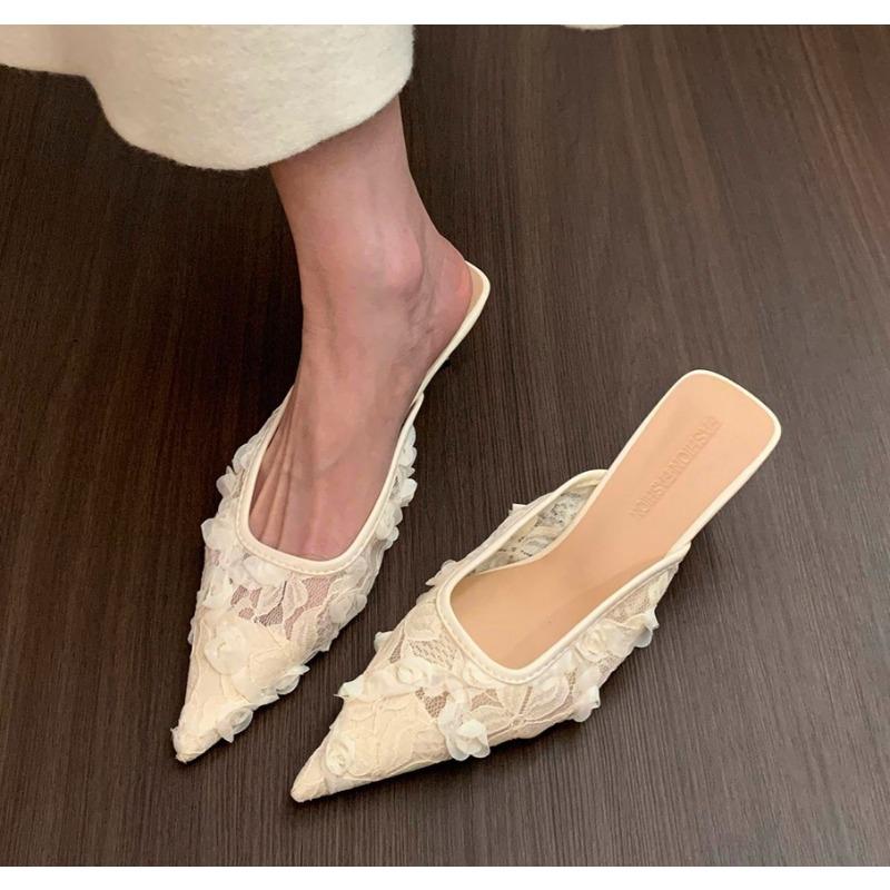 Fashion Summer Women's Fashion High Heel Mules Slippers Elegant Cover Toe Dress Lace Slides Ladies Dancing Party Prom Shoes