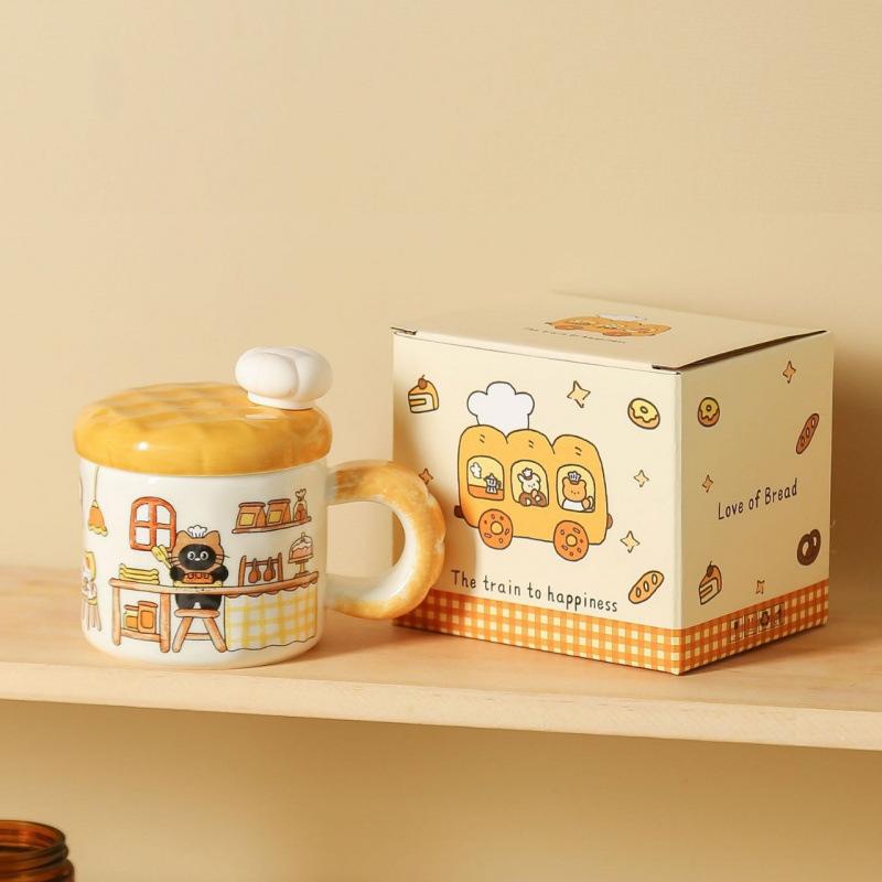 Cartoon Baked Bread Kitten Ceramic Mug Cute Lid Coffee Mug Birthday Gift Souvenir Breakfast Mug no specifications