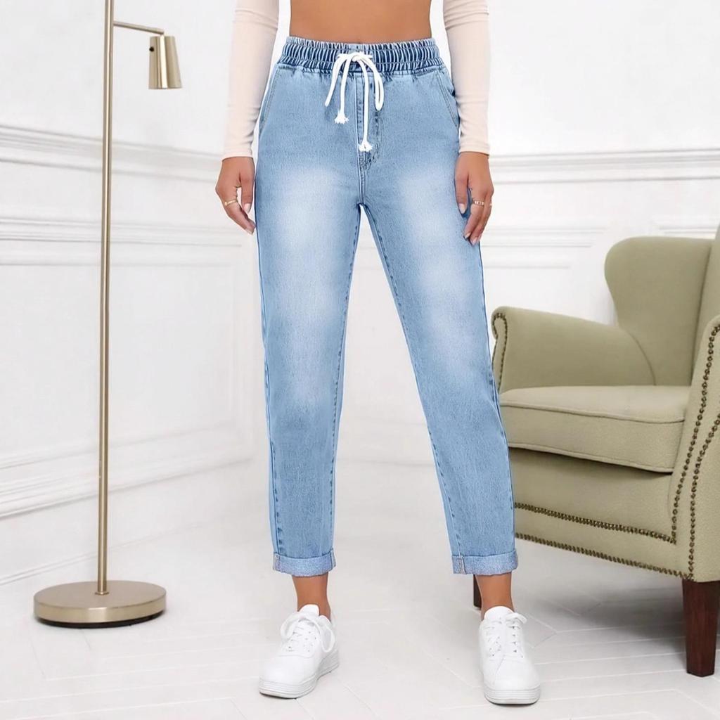 Women's Mid-Rise Elastic Waist Drawstring Ripped Jeans