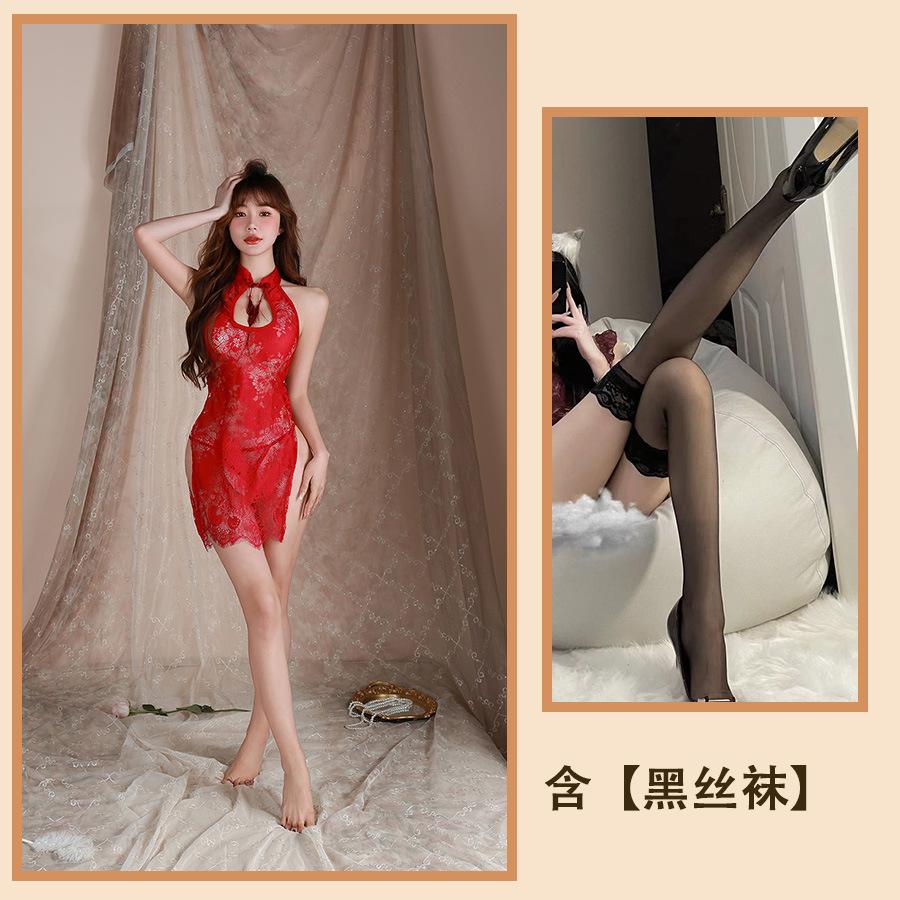 Sexy Underwear Lace Hollow Sexy Cheongsam Temptation Open Fork Perspective Pajamas Slim Bed Set
