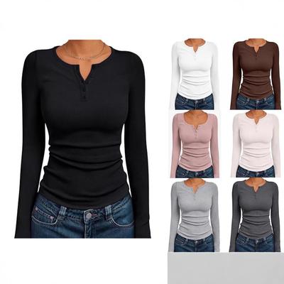 Women's Slim Fit Ribbed Henley Long Sleeve T-Shirt for Autumn