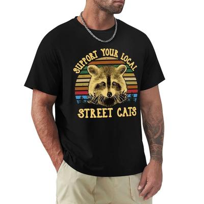 Raccoon Support Your Local Street Cats Vintage Men T-Shirt Black Cotton Unisex Loose Fit TEE Shirt