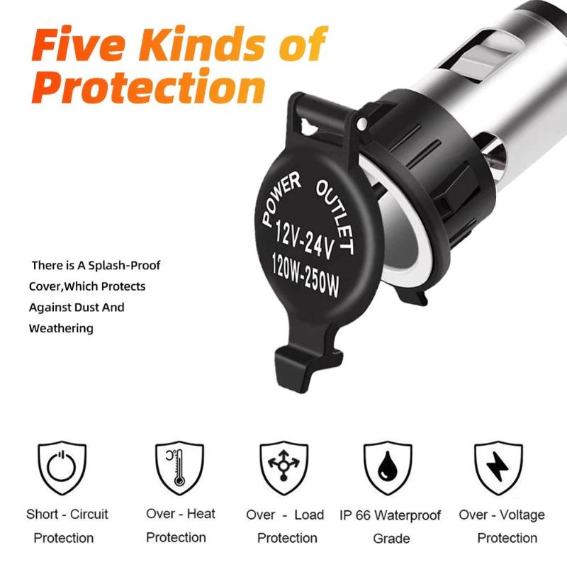 Car Cigarette Lighter Female Socket Power Plug With Waterproof Cover Case Dc Charger Socket Outlet For Car Dvr 12V-24V 120W