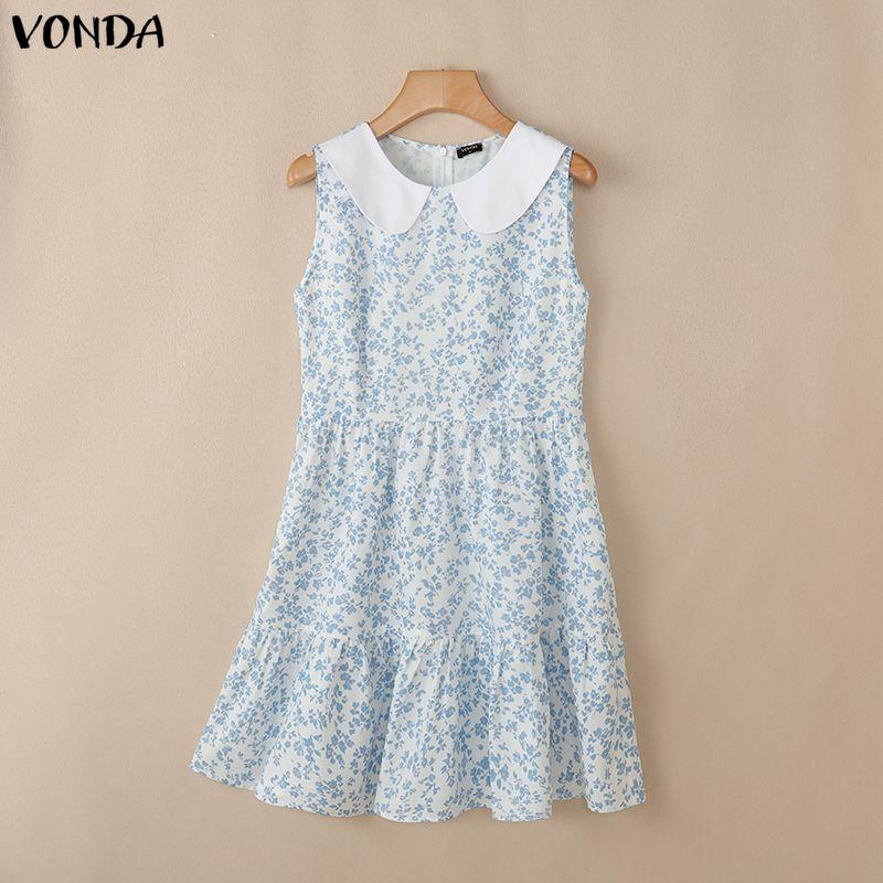 VONDA Women Lapel Neck Sleeveless Floral Print Ruffled Casual Mini Tank Dress