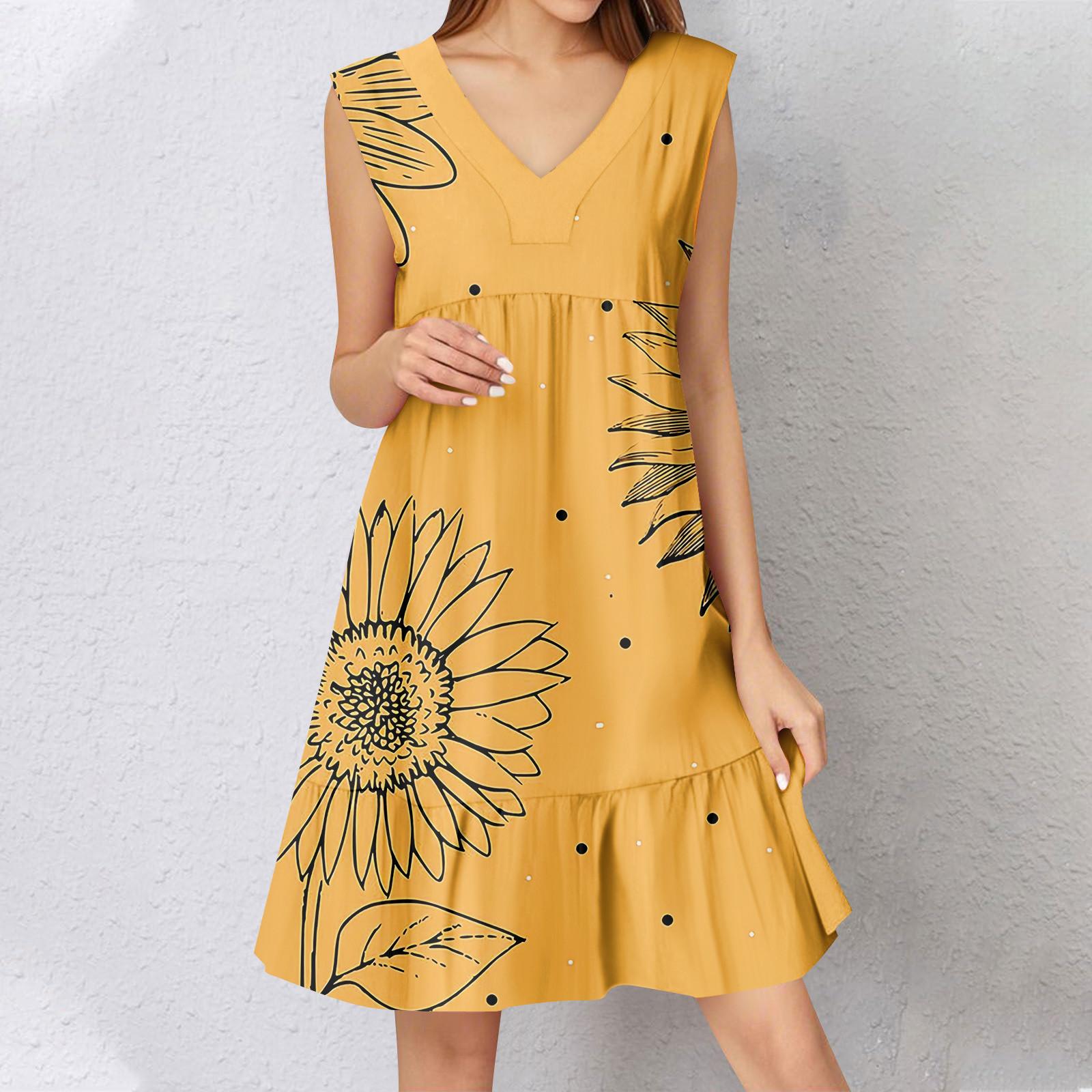

Womens Summer Dress Sleeveless V Neck Printing Short Dresses Fashion Casual Flowy Boho Ruffle A Line Swing Sundress XL жовтий