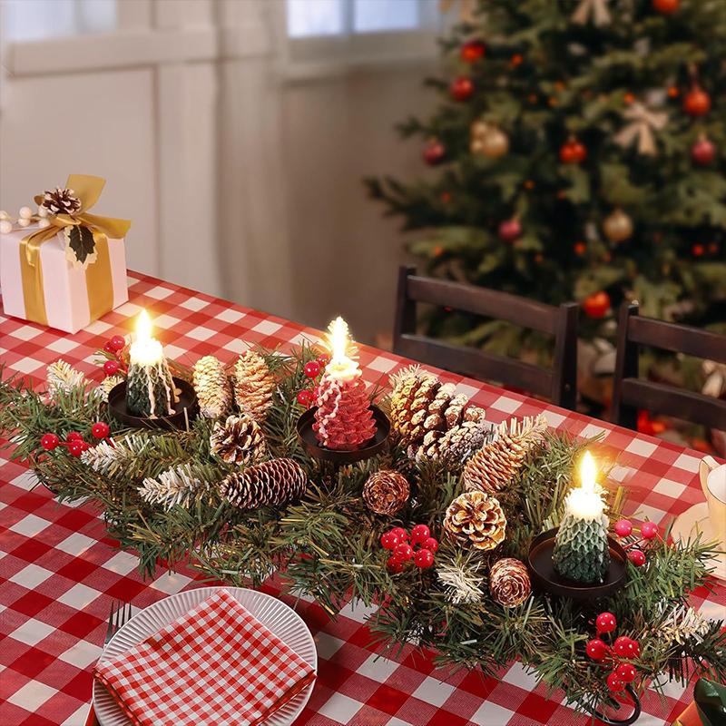 1PC Christmas Candle Holder Table Centerpieces Candle Tray Holiday With 3 Pillar Candle Stands Xmas Artificial Pine Cones Classic