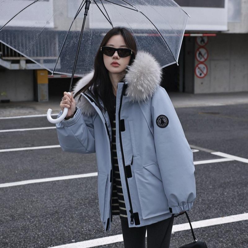 Blue big fur collar tooling Parker down cotton clothes women's winter new small man fleece thickened coat