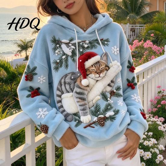 Christmas Cat Print Hoodie Women Hoodie Oversized Long Sleeve Pullover Sweatshirt Daily Wear Sweatshirt Casual Loose Drawstring Hooded Top