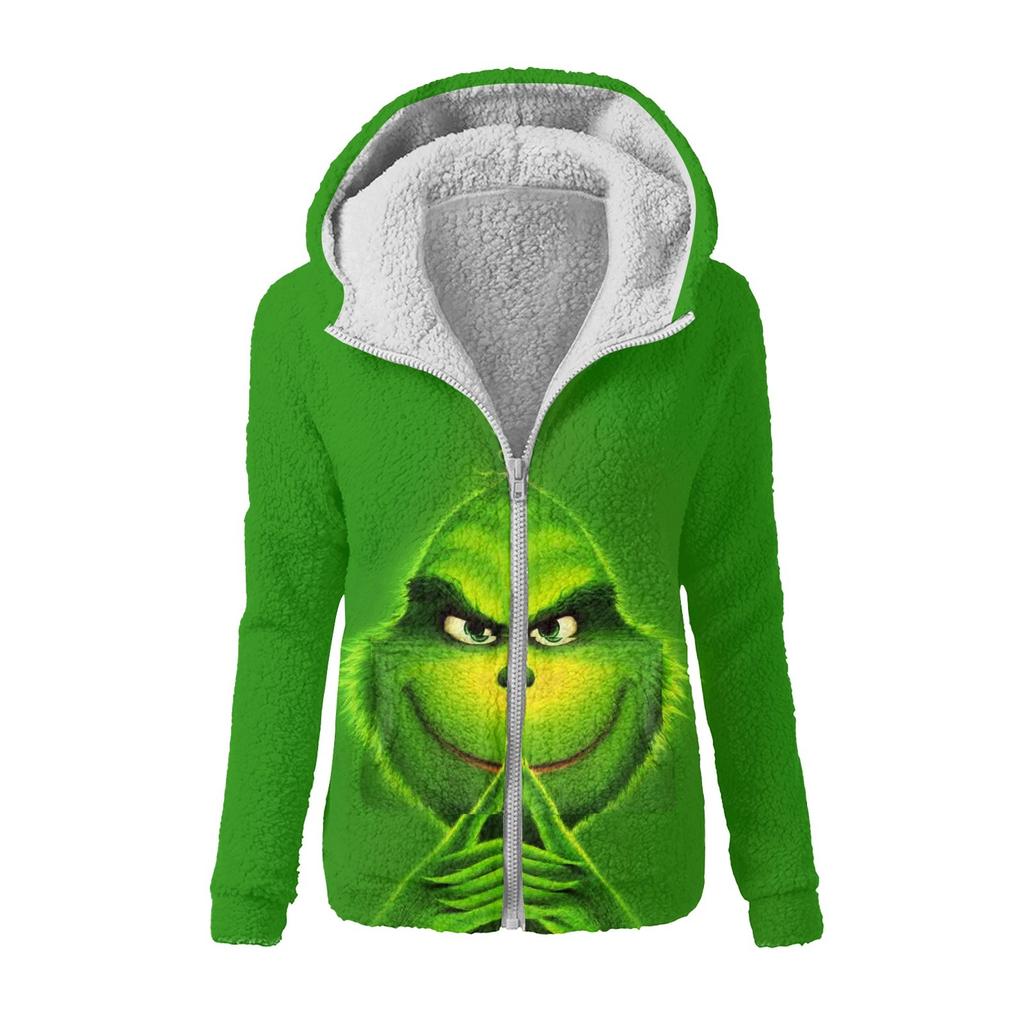 Women's Winter Print Casual Fashion Plush Hooded Zip Sweater Jacket