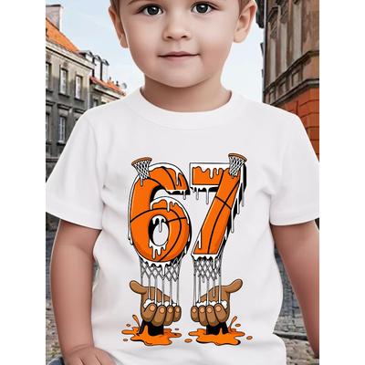 European Size Boys Round Neck Short Sleeved T Shirt with 67 Number Pattern of Basketball