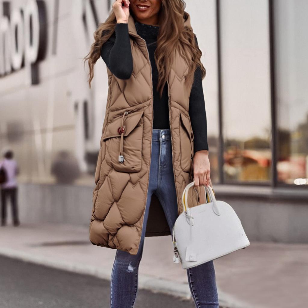 Women's Long Vest Plain Sleeveless Hood Winter Vest Outwear Jacket Lightweight Warm Coat Outerwear