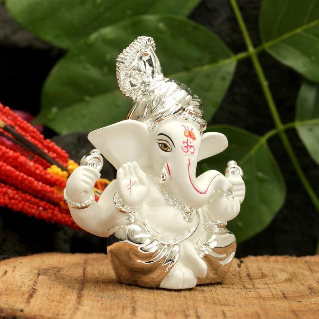 Ganesh Idol for Gift,Silver Plated Terracotta Lord Ganesha Murti for Car Dashboard Home Decoration Items Diwali Gifts