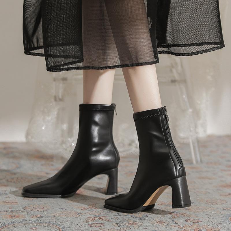 Maillard Style Thick Heel Medium Boots Children's Autumn and Winter New Velvet French Bare Boots with Skirt Elastic Thin Boots