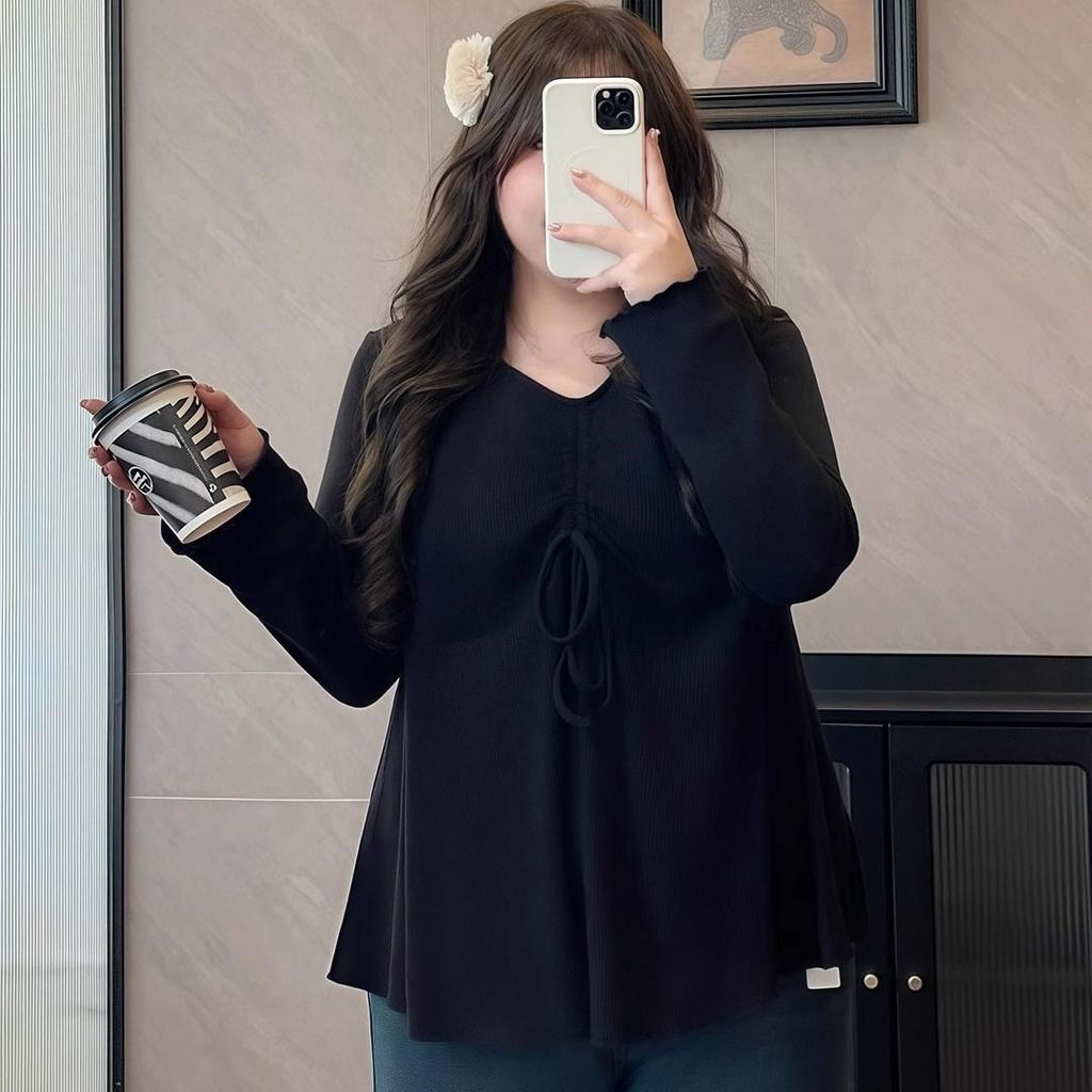 Plus Size Waffle Knit Drawstring Ruched V Neck Long Sleeve Top, Ruffle Flared Hem Peplum Blouse