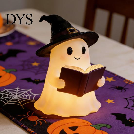 Cute Ghost Ornaments for Halloween Figurine with LED Light, Resin Witch Hat Statue Niche Aesthetic Ornament Guitar/Book, Luminous Sculpture