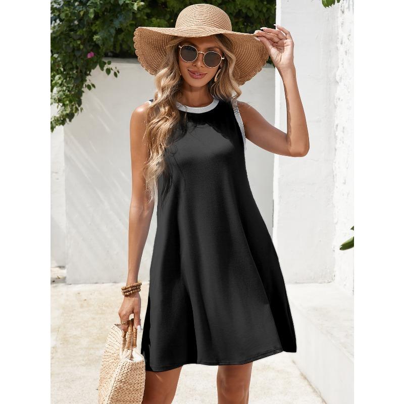 QICED Women's Fashion Summer Spring Solid Color Print Sleeveless  O-Neck Casual Dresses