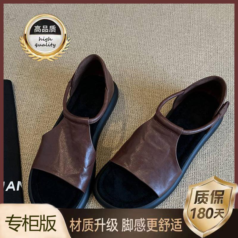 Soft Leather Version~~ Retro Casual Hollow Platform Open-toed Sandals Women's Summer New Versatile Soft-soled Heightening Roman Shoes