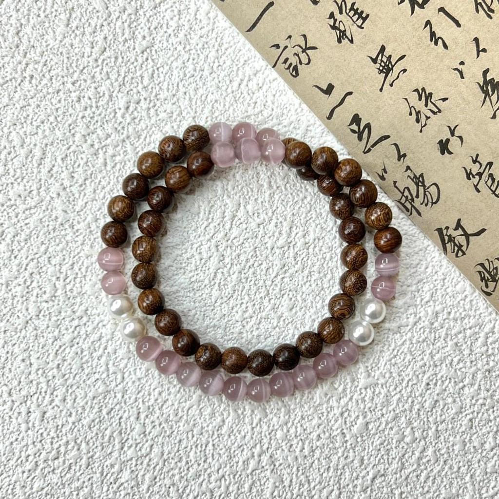 Natural Golden Sandalwood Cat's Eye Stone Double Wrap Bracelet