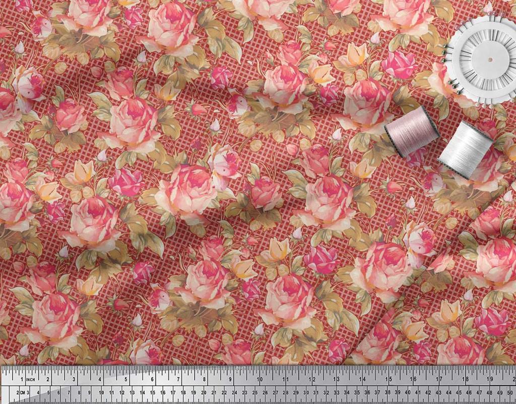 Soimoi Japan Crepe Satin Stoff Sjekk, Blader & Rose Blomstertrykk Sy Stoff meter 42 tommer