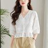 [SYitong] Lace Top, Short Sleeve, Floral Blouse, White, V-Neck, Summer, Embroidery, Cute, Openwork, Fluffy, Figure-Flattering, Slimming, Simple, Styli