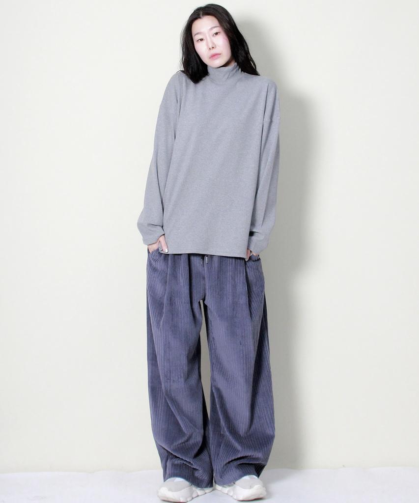Deumakeu Wide-Fit Corduroy One-Pleat Elastic Pants Grayish Blue