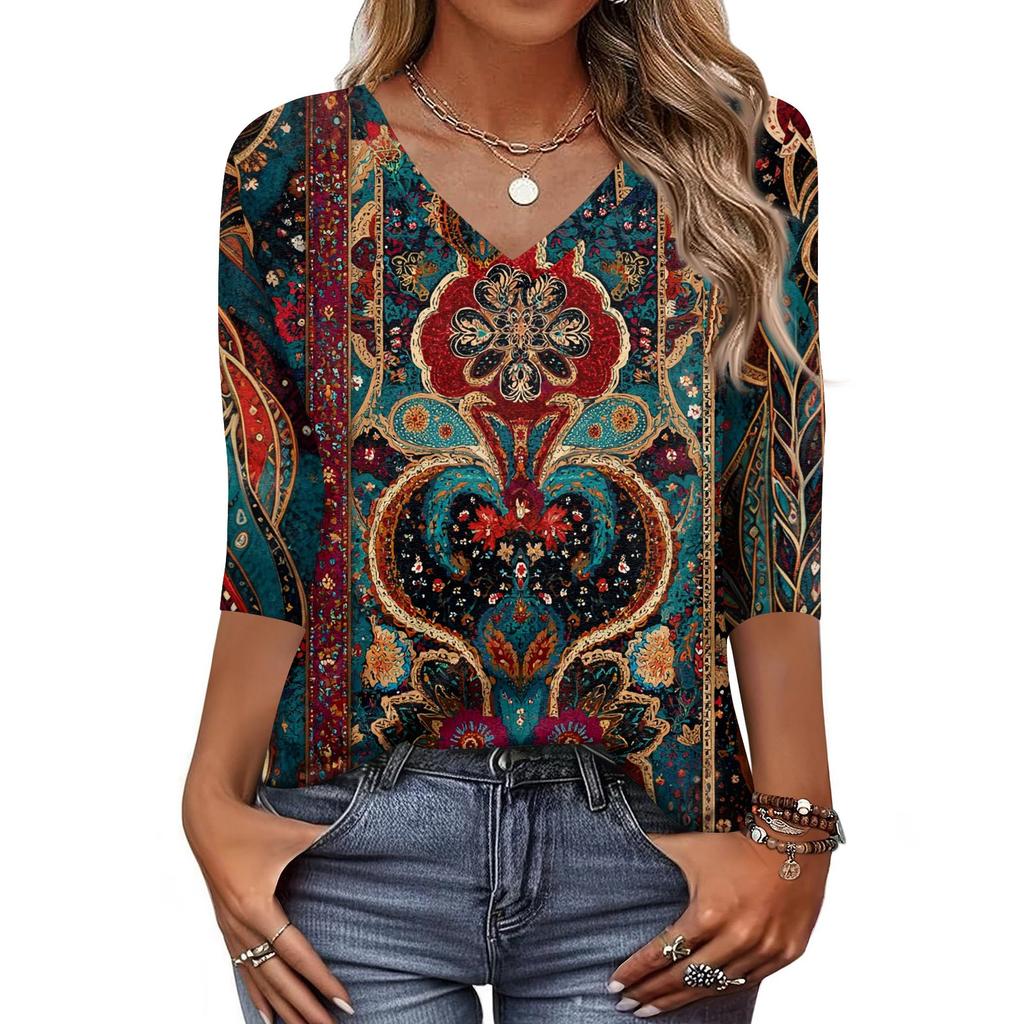 Dames T-skjorte Trykk 3/4 Erme Hverdag Weekend Mote Basic V-hals Vanlig Topp