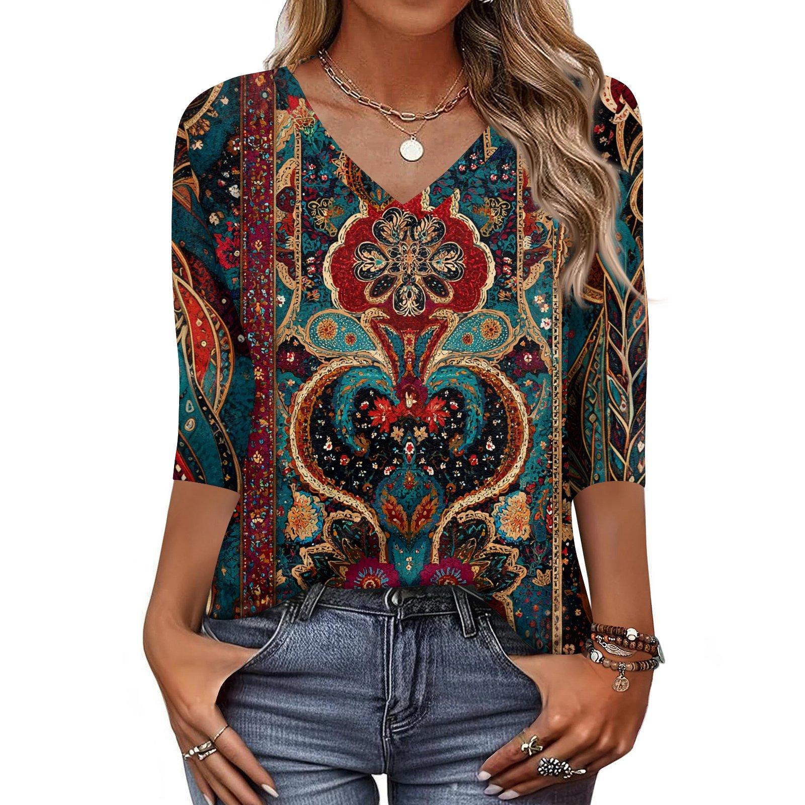 

Женская футболка с принтом, рукав 3/4, повседневная мода на выходные, базовый топ с V-образным вырезом XL красный