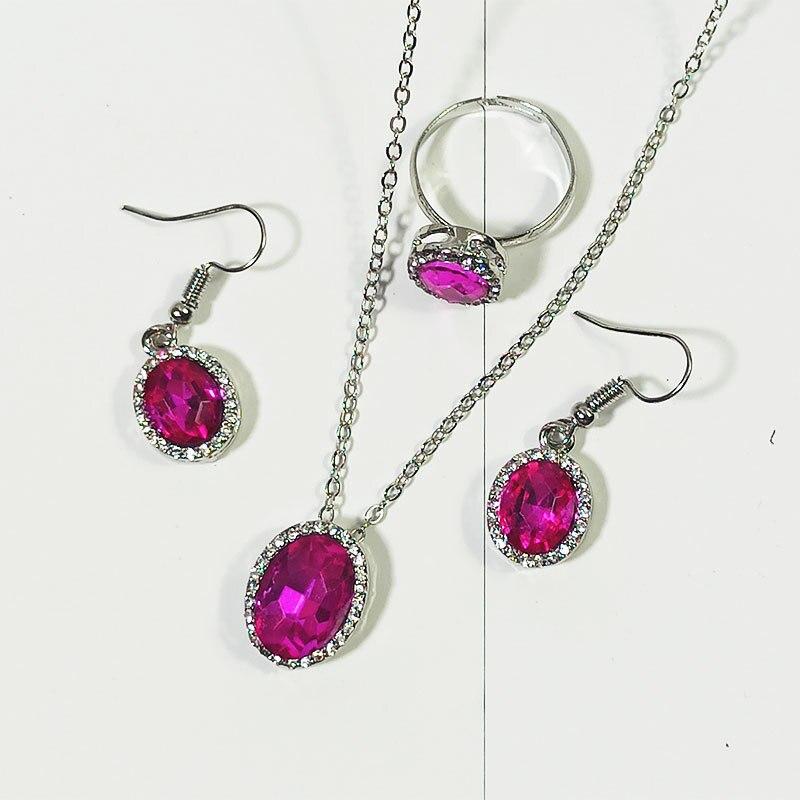4pc Crystal Set Jewelry Women Fashion Trend Jewelry Geometric Oval Crystal Necklace Earrings Ring Three Pieces Set