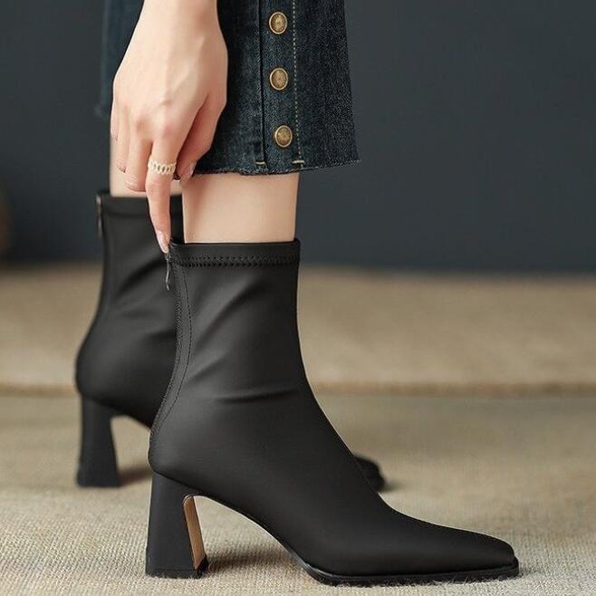 Square Ankle Boots Autumn Comfortable Soft Leather High Heel Boots Women's Fashion Zipper Simple Temperament Women's Shoes