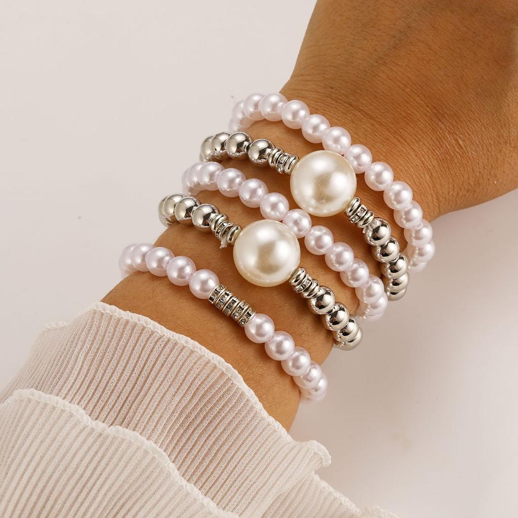 Exaggerated Pearl Stacked Bracelet Set, Temperament Large Round Beaded Beaded Slightly Inlaid Bracelet Jewelry