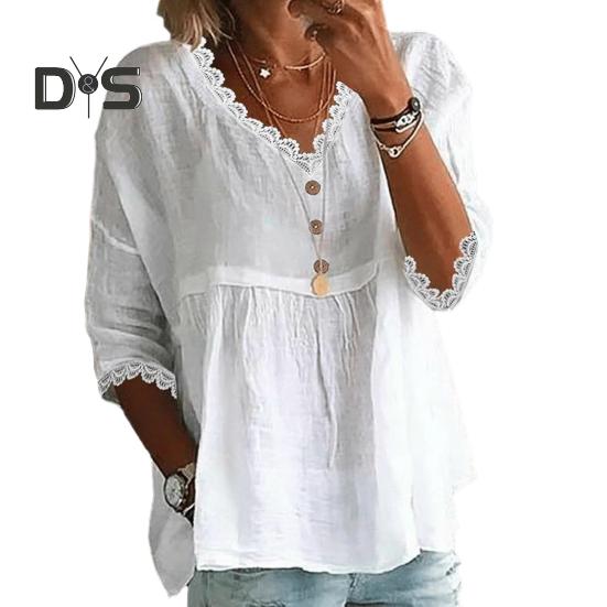 

Женская рубашка с V-образным вырезом, рукавом 3/4, свободный крой, кружевные топы, однотонная свободная дышащая повседневная рубашка XXL белый