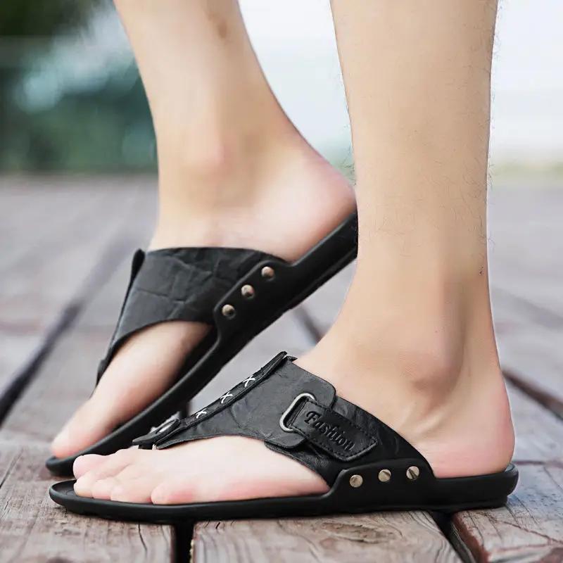 Fashion Platform Slippers for Men Shiatsu Flat Sandals Man Genuine Leathe Shoes Flip Flops Eva Summer Sale Mascullino Y2k Clappers 2025