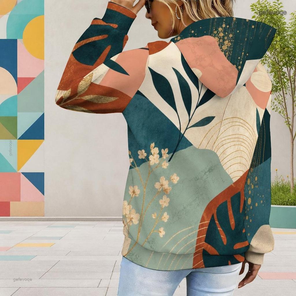 Women Plus Size Abstract Printed Long Sleeve Drawstring Hoodie Kangaroo Pocket Pullover