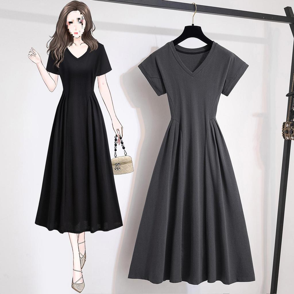 Casual pendant dress summer large size fat mm temperament V-neck waist thin cover t-shirt skirt temperament long dress