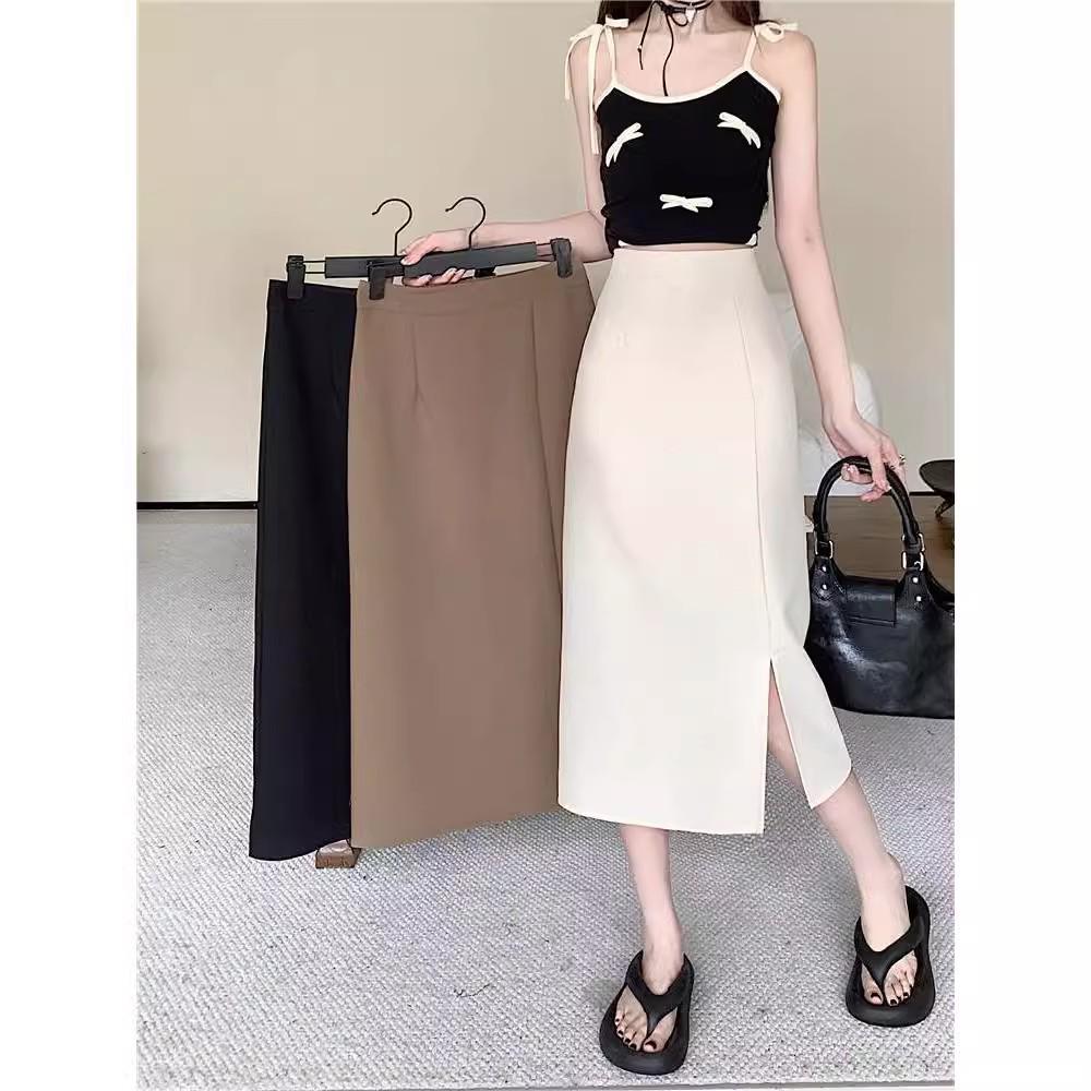 Summer 2025 Plus Size High Waist A-line Slit Midi Skirt - Women's Light Style Bodycon Skirt