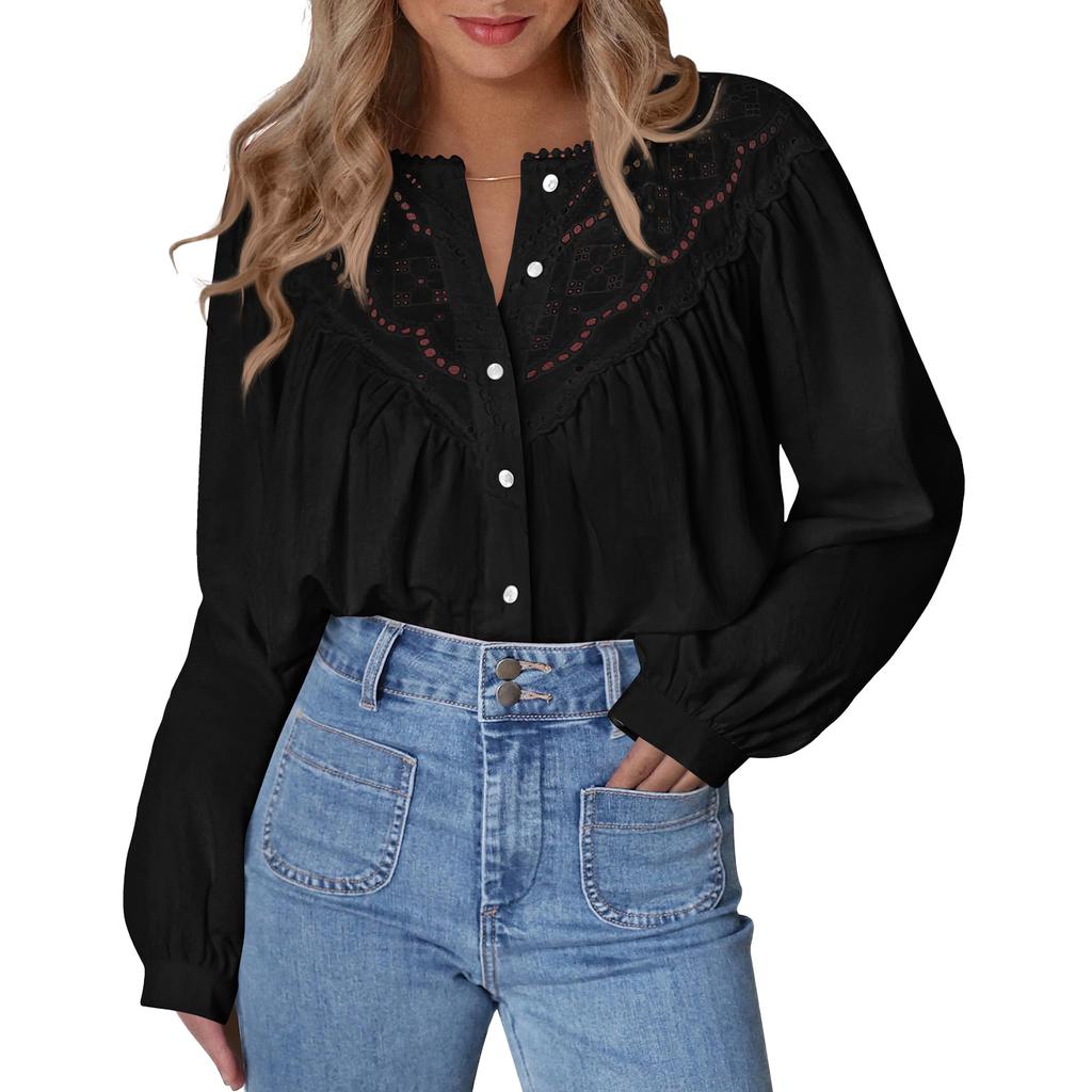 Women's Fashion Loose Lace-Up Openwork Blouse With Round Neck And Long Sleeves