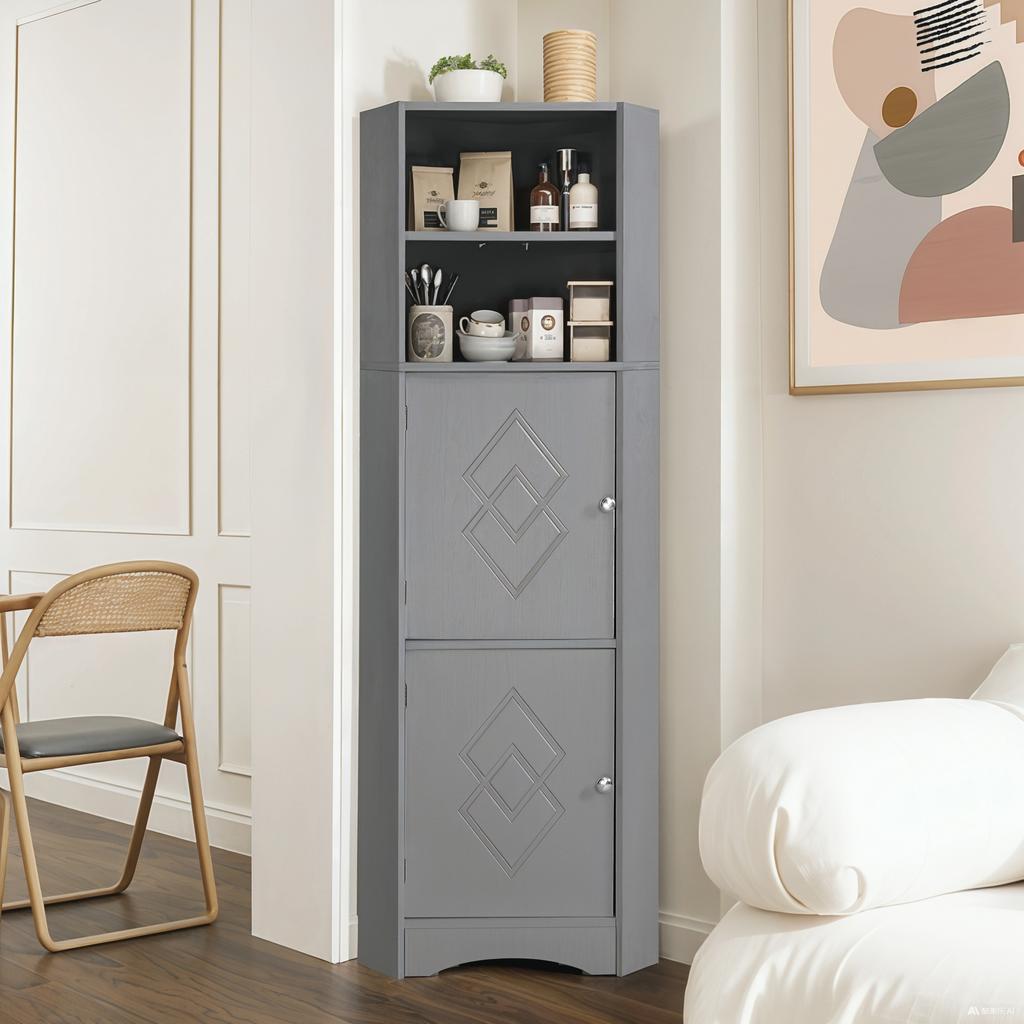 Badezimmerschrank, Eckschrank mit zwei Staufächern, Offenes Fach mit verstellbarem Einlegeboden, 36,5 x 36,5 x 155 cm, Hellgrau