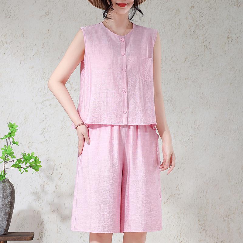 

Women s Plus Size Linen Blend 2-Piece Set, Sleeveless Button Top & Wide Leg Shorts (XL-7XL) 7XL рожевий