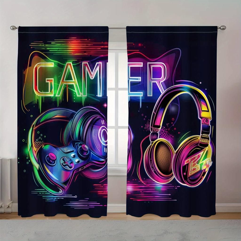 Gamer Blackout Curtains 2pcs Vibrant Gamer-Themed Blackout Curtains | Polyester, Semi-Transparent, Machine Washable - Modern
