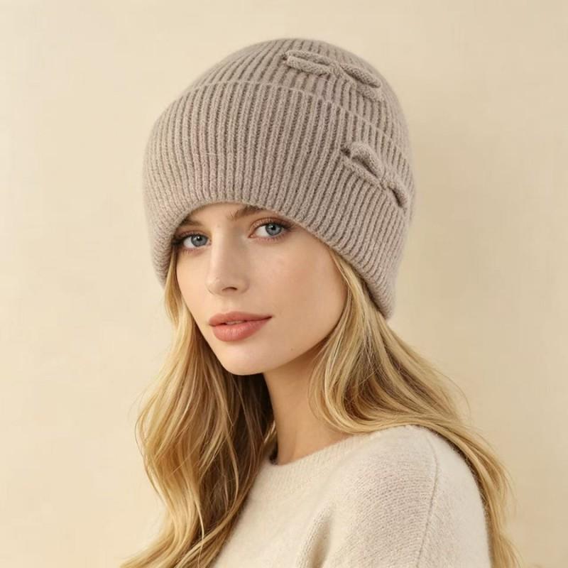Womens Angora Wool Knit Beanie Hat With Bow Detail Winter Warm Cap High Crown Foldable