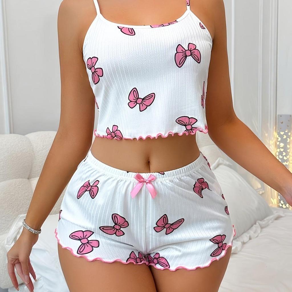 Bow Print European & American Style Women's Pajama Set: Sexy Camisole & Shorts Two-Piece Home Wear