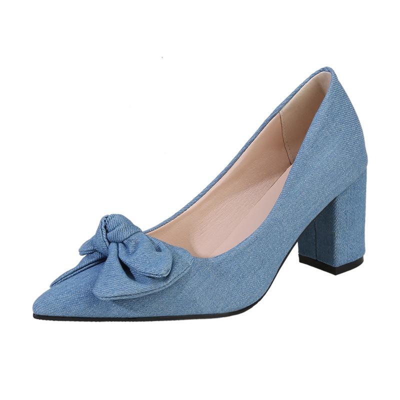 Large size high heels women's spring and autumn new thick heels women's shoes shallow mouth pointed head bow fashion shoes