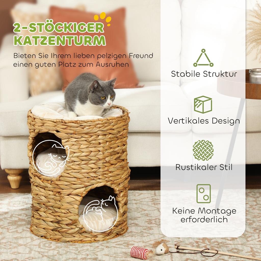 Kratzbaum, 50 cm, 2 Höhlen, Kissen, Kratzsäule mit Katzenbett, Katzenturm aus Wasserhyazinthe, Hellbraun