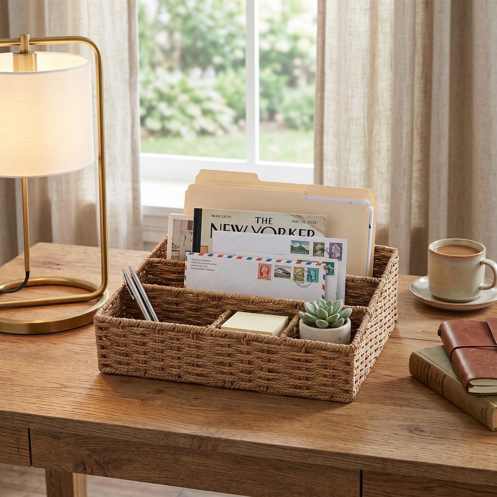 2pcs Woven Mail Desk File Holder Paper Rope Iron Frame Natural Tabletop Modern Storage for Letters Magazine Stationery Small It