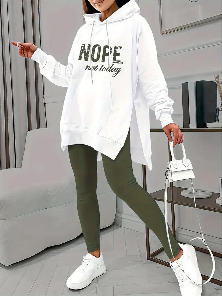 2024 Women's Casual Hooded Print Sweatshirt & Slit Pocket Pants Set - European/American Style