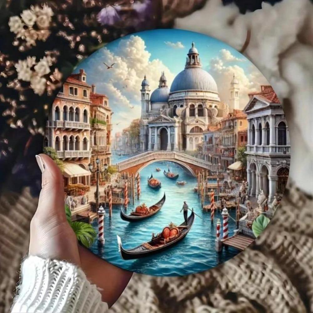 Metal Wall Art Gothic Venice Landscape Round Sign Water Reflection